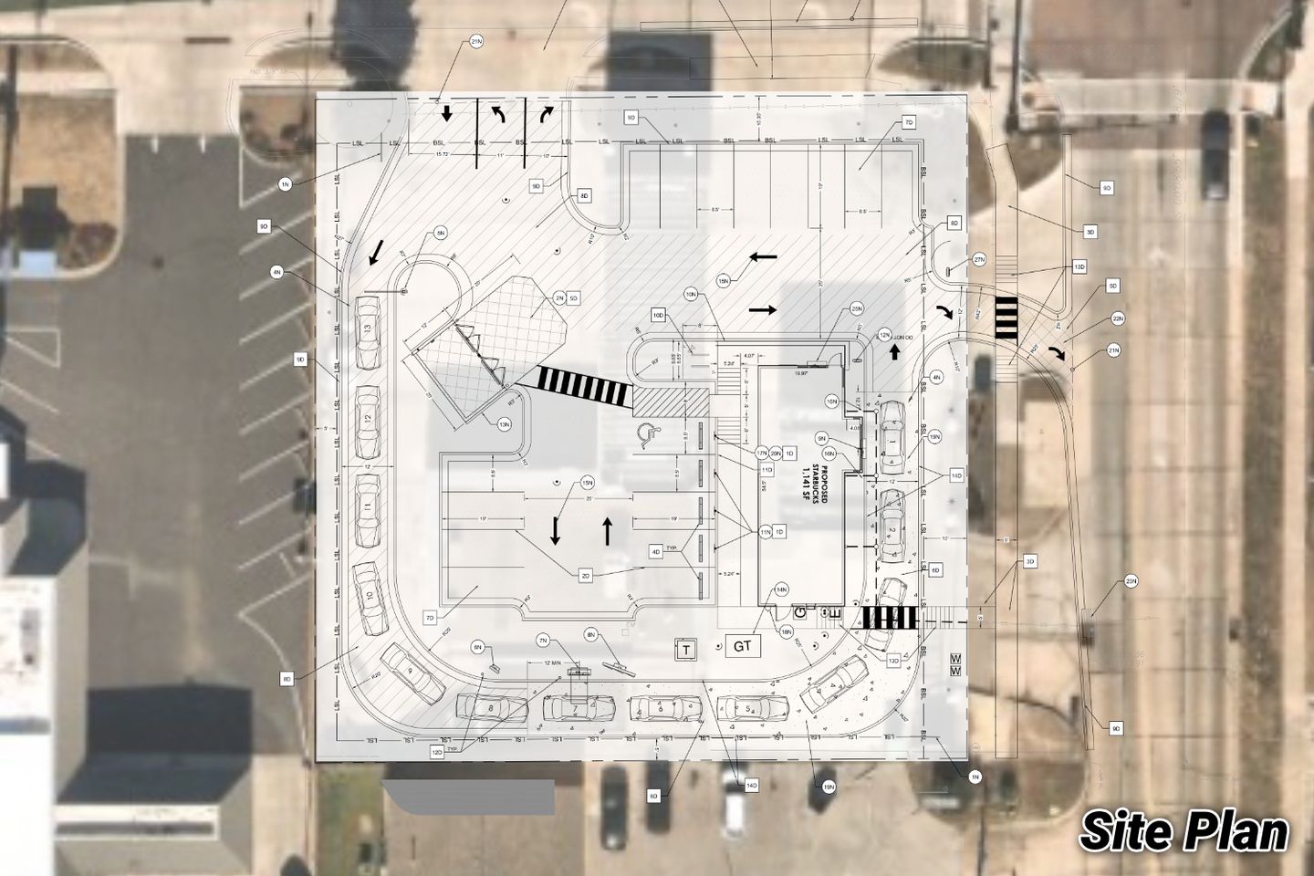Site plan overlaid on an aerial showing the proposed 1,141-square-foot Starbucks with its drive-thru lane and parking.